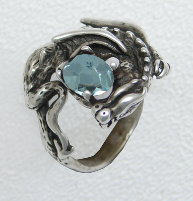 Sterling Silver Detailed Dragon Ring With Siberian Blue Quartz Size 10